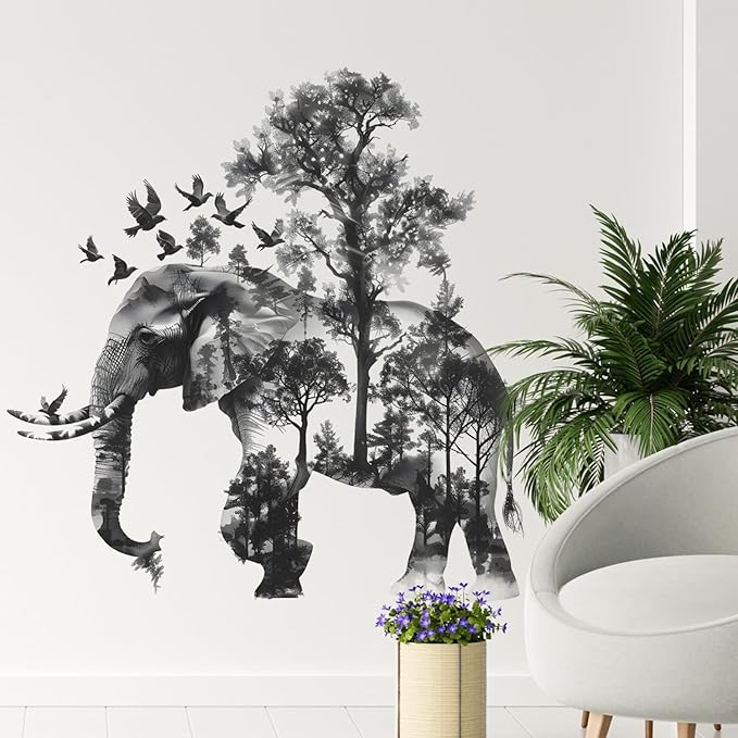 2 Sheets Forests Silhouette Animals Wall Decals - Removable Wild Elephant Tree & Birds Wall Art Decor for Children's Nursery & Living Room