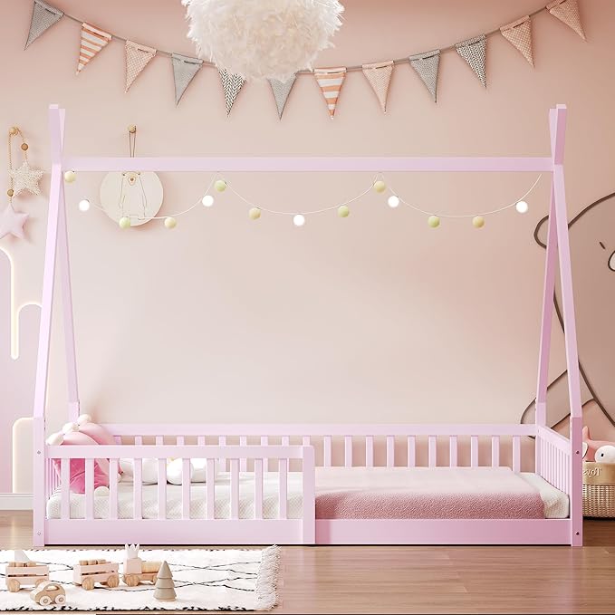 Merax Twin Size House Platform Frames Bed Floor Bed with Fence for Boys or Girls, No Box Spring Needed(Slats Kit Included), Pink