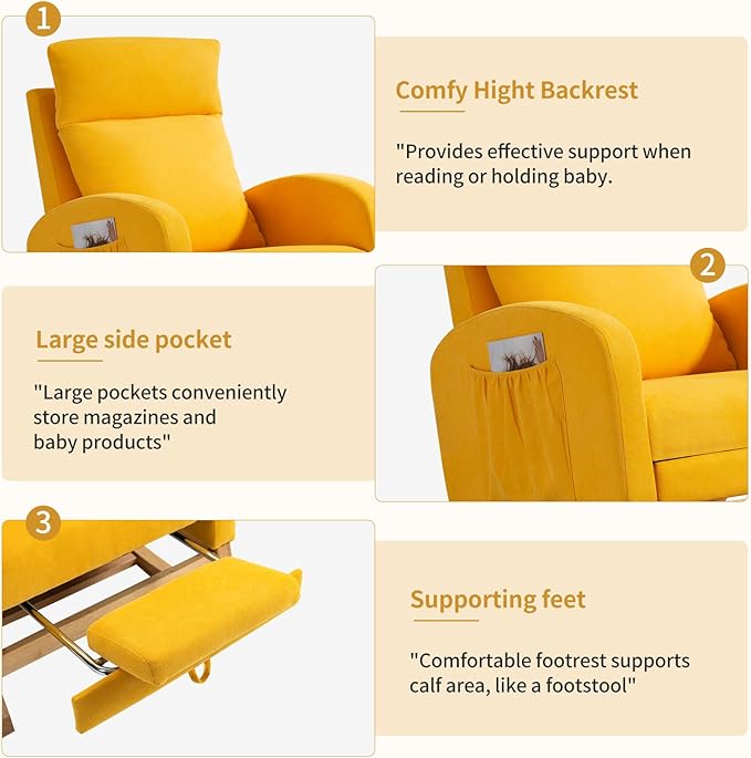 Rocking Chair Nursery Glider Chair with Foot Rest, Nursery Rocking Chairs with Rubber Wood Legs Side Pocket, High Back Nursing Chair, Accent Rocker Arm Chair Baby Bedroom, Living Room, Yellow