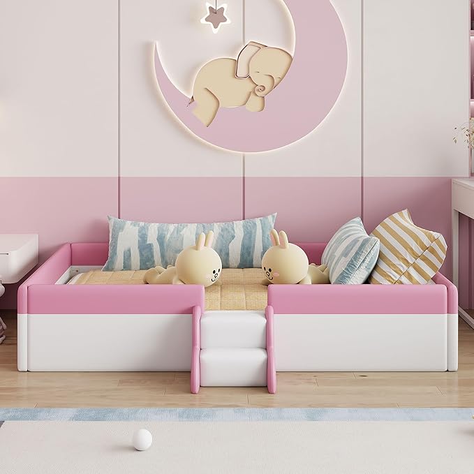 Full Size Upholstered Daybed Frame with Fence and Stairs, Montessori Kids Floor Bed with Sturdy Slat Support for Kids Boys Girls