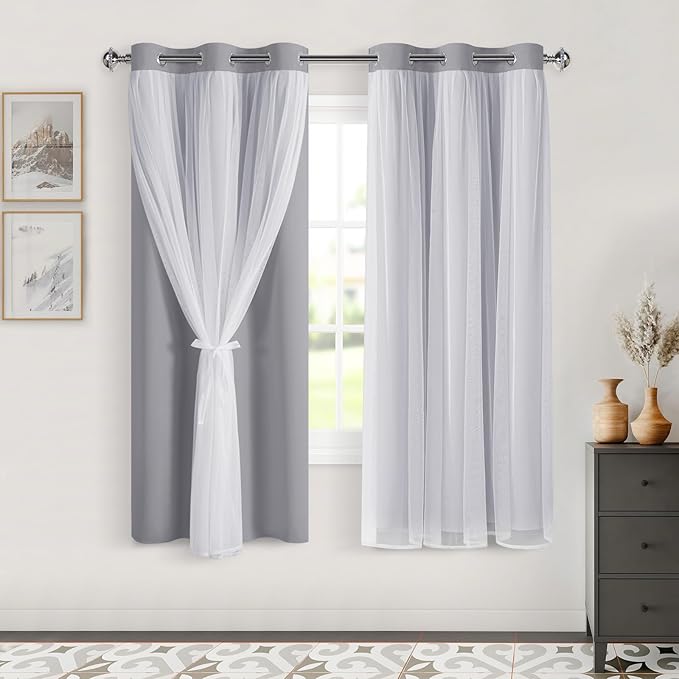 DWCN Double Layered Curtains for Living Room Blackout and Sheer Curtains with Tiebacks Grommet Top Window Curtain Panels with Sheer Overlay for Bedroom, 38 W by 63 L, Grey, 2 Pieces