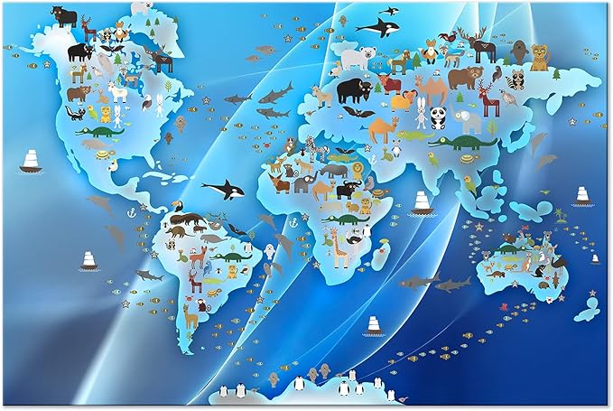 artgeist Textured Canvas Wall Art World Map for Children 35x24 in - 1pcs Painting Canvas Prints Picture Artwork Image Framed Contemporary Wall Home Map Kindergarten Animals Blue k-C-0138-b-a