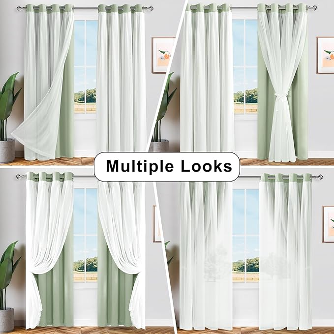 Hiasan Mix & Match Blackout Curtains with Sheer Overlay, Double Layer Thermal Insulated Privacy Grommet Window Curtains for Girls Bedroom, Living Room, 2 Drape Panels with Tiebacks, Seafoam, 52W X 96L