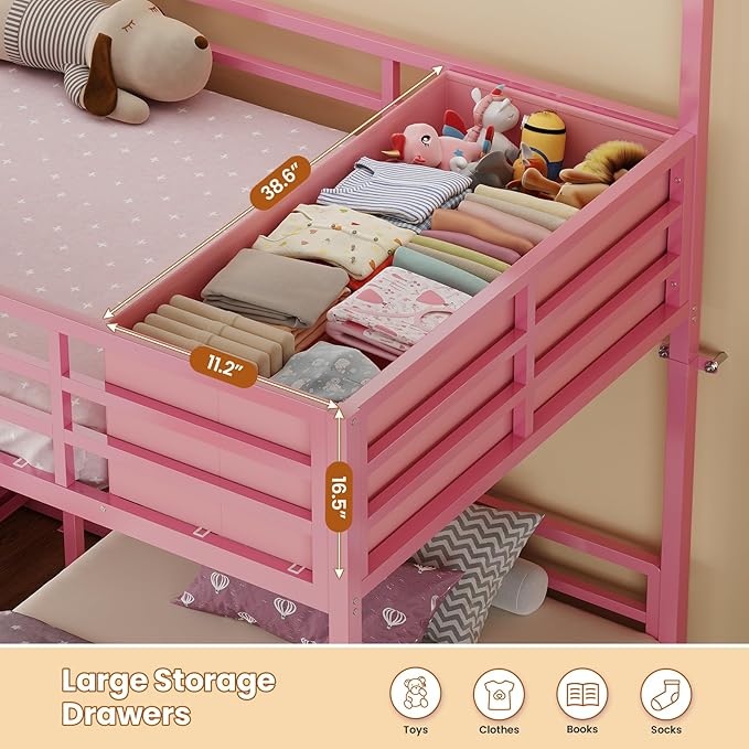 BTHFST Triple Bunk Bed Twin Size with House, 4 Storage Drawers, Charging Station and LED Lights, Metal Kids Bunk Bed with 13.4" H Safety Guardrail and Play Curtain, DIY House Shaped Bed, Pink