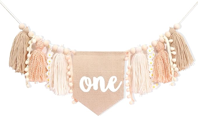 Yarn Tassel One High Chair Banner -Daisy Baby First Birthday Decorations,Cake Smash Shabby Chic Banner Photo Props,Vintage 1st Birthday Highchair Bunting,Holiday Home Wall Hanging Decorations.