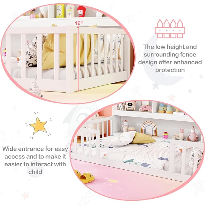 KOMFOTT Twin Floor Bed with Bookcase & Shelves, Wood Bed Frame with Bedside Bookshelves & Guardrails, Versatile 2-in-1 Montessori Floor Bed for Kids (White)
