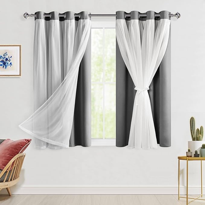 Hiasan Grey Blackout Curtains with Sheer Overlay, Grommet Thermal Insulated Privacy Mix and Match Double Layer Window Curtains for Girls Bedroom, Living Room, 2 Drape Panels with Tiebacks, 52W X 54L