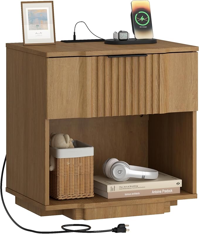 XIAO WEI End Table with 20W Fast Charging Station, Fluted Sofa Side Table with Storage, 21.7" Taller End Table with Drawer and Open Shelf, End Table for Living Room,Natrual