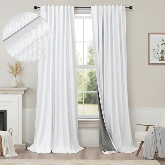 White Linen Textured Blackout Curtains 94 Inches Long 2 Panels Burg Coastal Bohemian Floor Length Curtains for Patio Door Dorm Back Tab Pleated Curtain for Living Room Divider Bedroom Window Treatment