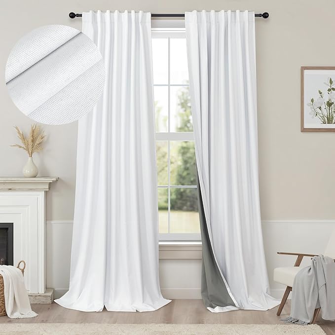 Neutral 10ft Blackout Curtains 120 Inches Long Elegant Cottage Floor Length Blinds Shades Tall Linen Curtain for Sliding Door 2 Panels Privacy Room Divider Drapes for Living Room Villa Back Tab White