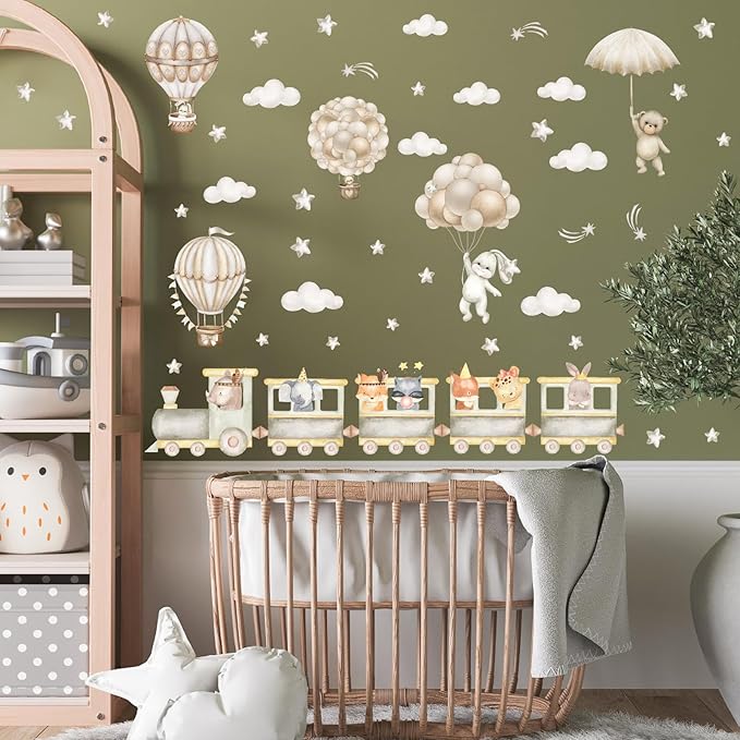Large Train Animal Wall Decals Cartoon Balloon Animal Wall Stickers Watercolor Cloud Hot Air Balloon Wall Decals Peel and Stick Cute Animal Train Wall Stickers for Kid Room Baby Nursery Decor