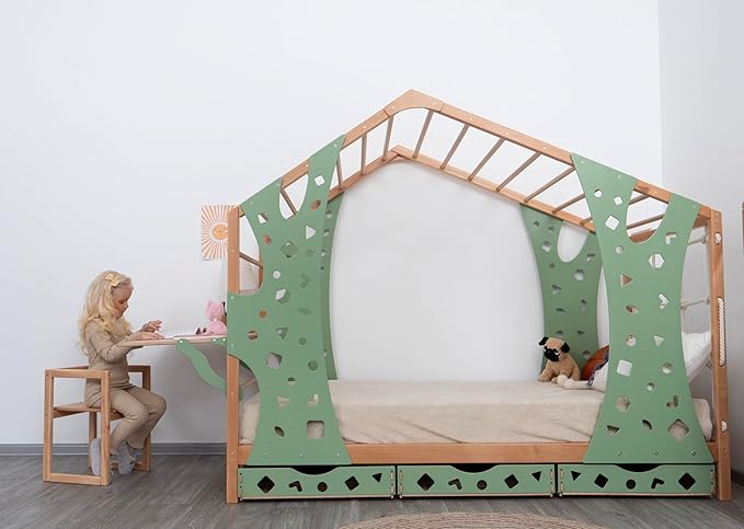 BUSY WOOD Monkey Bed – Twin Frame with Storage & Foldable Table – Montessori Indoor Playground – Jungle Gym Furniture for Kids – Toddler Sleeping Frame with 3 Drawers