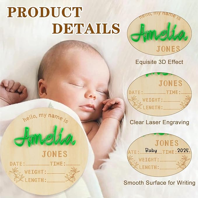 Personalized Baby Announcement Sign Custom Birth Newborn Announcement Sign for Hospital Wooden Baby Name & Footprint Sign Photo Prop Shower Gift (Circle)