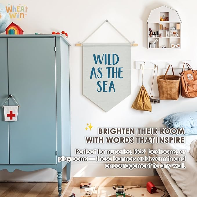 Wheatwin Ocean Nursery Decor, Wild As the Sea Blue Wall Hanging Pennant Flag Banner, Coastal Beach Wall Decor for Kids Boys Girls Toddler Nursery Room Bedroom Playroom 15x11 Inch