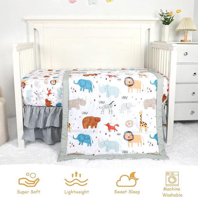 Baby Crib Bedding Set for Girls Boys, Soft Bedding Set with Comfort, Crib Skrit, Crib Sheet, Infant & Toddler Nursery Bed Set, Animal