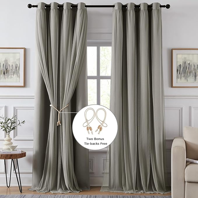 100% Blackout Curtains for Bedroom, Double Layer Grey Curtains, Black Out Curtain 63 inch Long with Sheer Overlay for Living Room, Room Darkening Window Drapes with Grommet, 52" W x 63" L