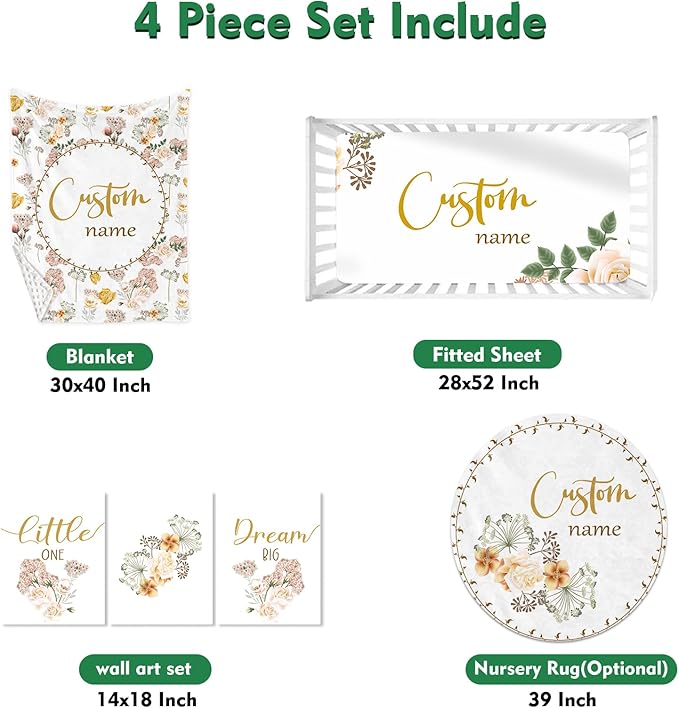 Custom Baby Crib Bedding Set,Personalized Name Pink Flowers Theme Nursery Bed Set 4 Piece,Baby Blanket Fitted Sheet Nursery Rug Wall Art Set,Custom Room Decor Idea Gift for Newborns Boys Girls