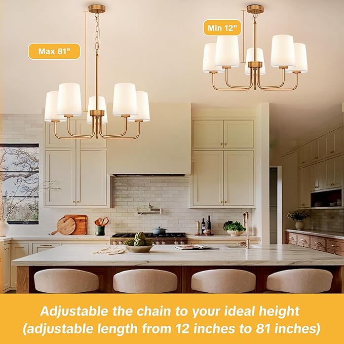 Farmhouse Chandelier, 5-Light Brass Chandelier with White Fabric Shade, Height Adjustable Modern Dining Room Light Fixture with E26 Base for Bedroom Foyer Hallway Entryway Kitchen Living Room