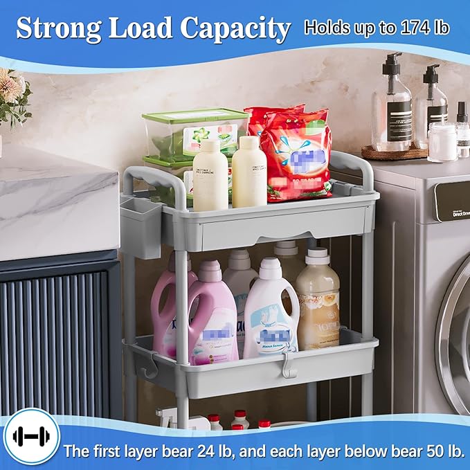 3 Tier Rolling Cart with Drawer, Bathroom Storage Organizer with 2 Lockable Wheels, Multifunctional Rolling Storage Cart for Bathroom, Kitchen, Office, Craft, Makeup, Baby Essentials, Gray