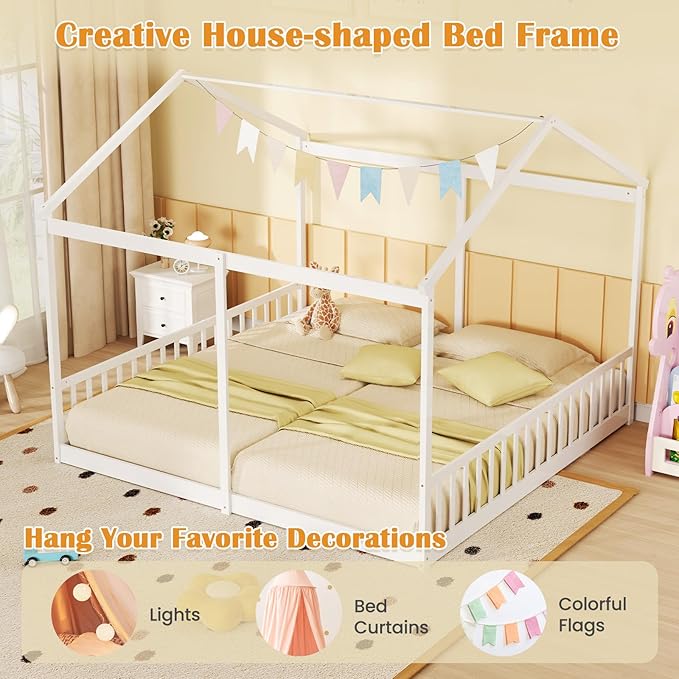 Giantex Double Twin Floor Beds for 2 Kids, Wood Montessori Bed with Fence & Roof, Wooden Slat Support, Easy Assemble, No Box Spring Needed, for Twins, Girls, Boys, White
