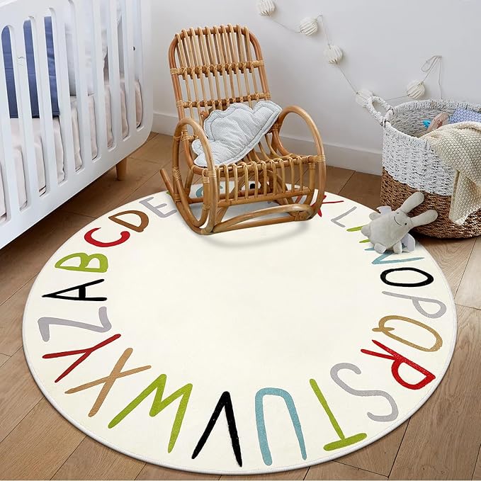 LIVEBOX Colorful ABC Round Rug Alphabet Play Room Rug, Circle Washable Rug Rainbow Nursery Rug for Baby Boy and Girl Room, Non-Slip Learning Carpet for Playroom Classroom (47",Multi Color)
