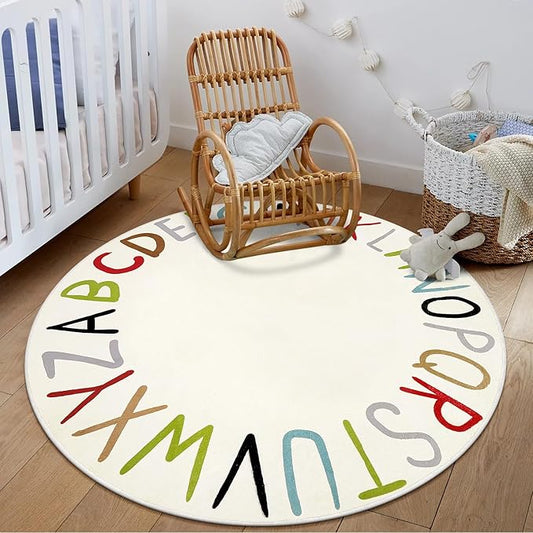 LIVEBOX Colorful ABC Round Rug Alphabet Play Room Rug, Circle Washable Rug Rainbow Nursery Rug for Baby Boy and Girl Room, Non-Slip Learning Carpet for Playroom Classroom (47",Multi Color)