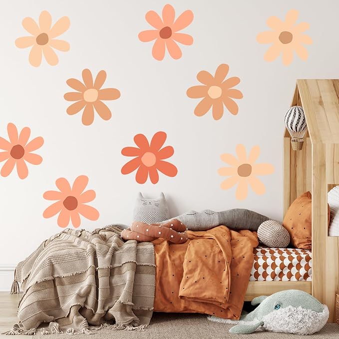 TaoBary 12 Sheets Daisy Wall Decal Flower Wall Sticker Cute Daisy Sticker Pink White Flower Decal Peel and Stick Floral Wallpaper for Nursery Bedroom Home Decor(Orange,Colorful Classic Style)