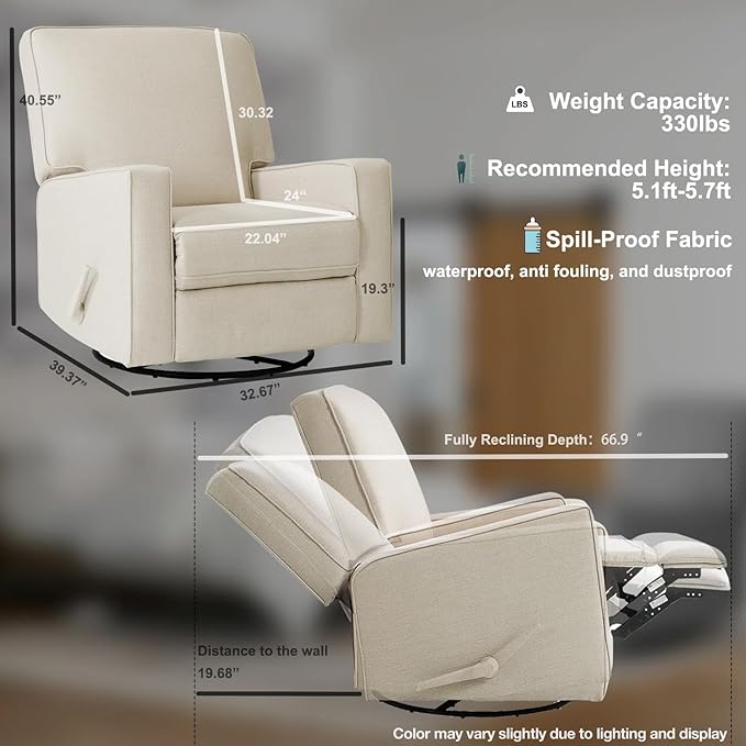 Harkawon Swivel Rocker Recliner Chair, Glider Rocker Recliner, Rocking Chair Nursery, Fabric Chair with High Back, Deep Seat, for Living Room, Bedroom, Beige