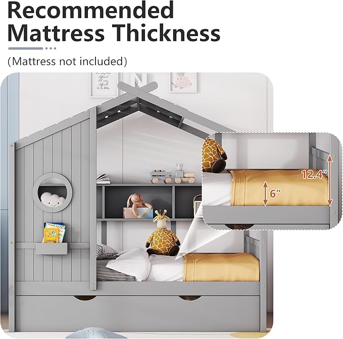 Full Size Bed Frames for Kids, House Bed with Trundle and Shelves, Wood Playhouse Platform Bed Frame with Window and Fence for Boys Girls, Gray, 74.4" L x 58" W x 72" H