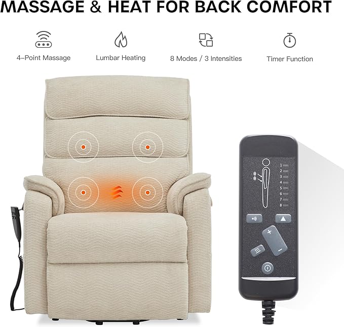 DYNOX 350 LBS Power Lift Recliner Chair for Elderly, Medium Size Dual Motor Lay Flat Infinite Positions Recliner with Heat & Massage(9188,Chenille,Beige)