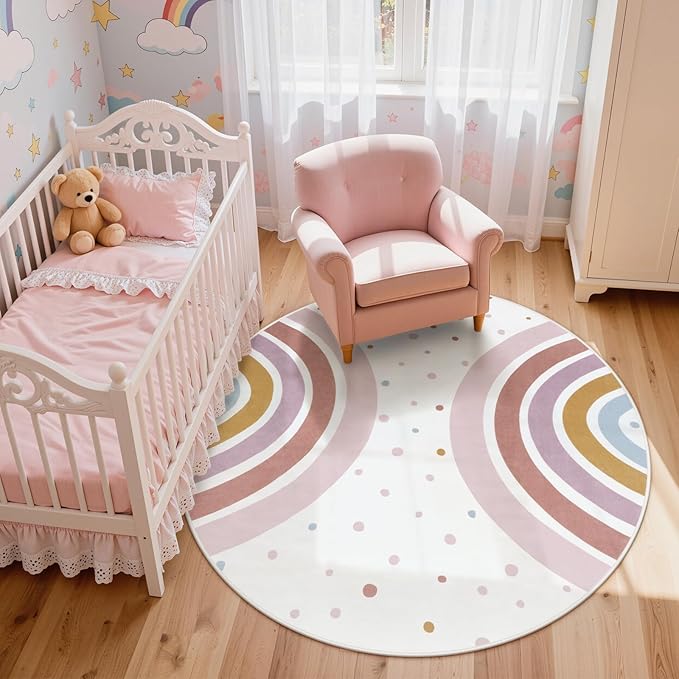 STARUIA Colorful Round Rug for Nursery, 4 Ft Rainbow Washable Rug for Playroom, Boho Kids Rug Non-Slip Soft Bedroom Carpet for Classroom Teepee Princess Castle