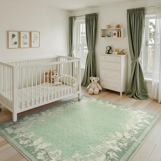 STARUIA Green Rugs for Living Room, 5x7 Washable Butterfly Area Rugs for Bedroom, Non-Slip Soft Farmhouse Carpets for Dining Room Office Guest Room Nursery Kids Room Decor (Green,5'x7')