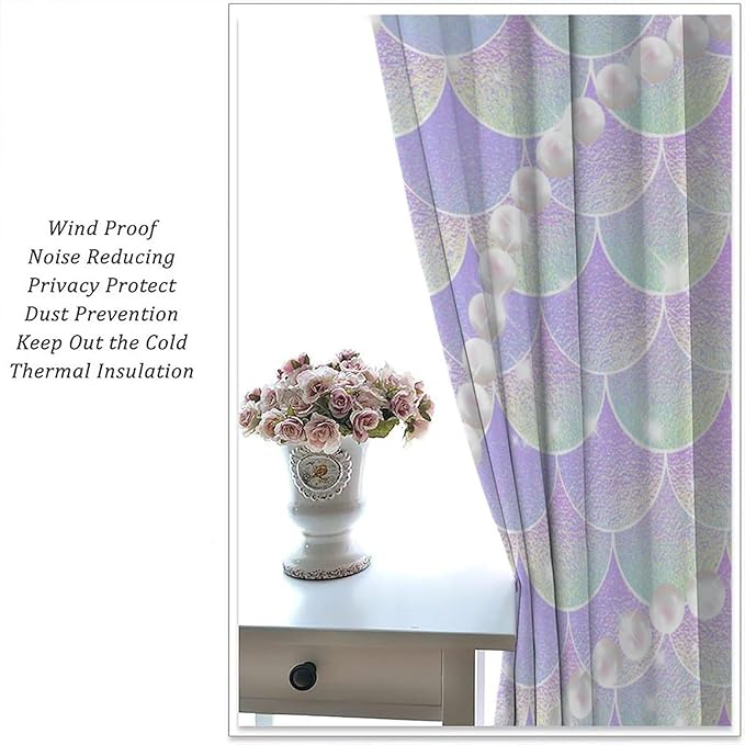 Mermaid Curtains, Gradient Color Pink Purple Pearl Ocean Theme Mermaid Fish Scale Print Decoration Suitable for Children Girls Bedroom Nursery Curtains 42x63 Inch