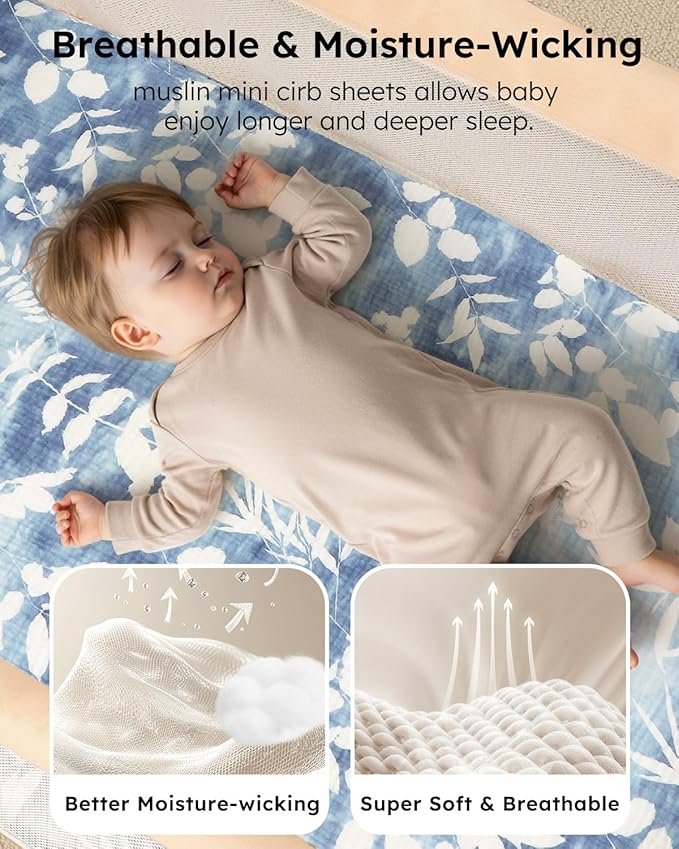 Yoofoss Muslin Pack and Play Sheets Fitted, Organic Mini Crib Sheets for Boys Girls, Playard Sheet Compatible with Pack N Play Mattress, Soft, Breathable and Durable 38"x26"