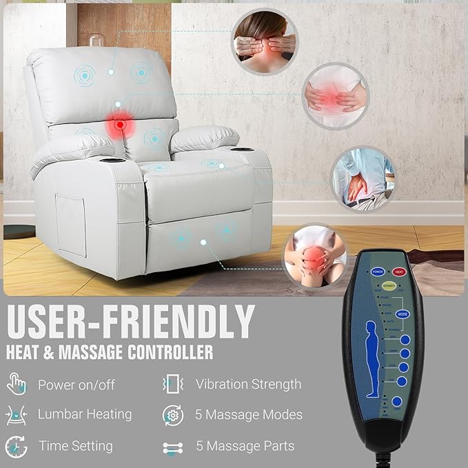 Rocking Recliner Chair, Massage Rocker Recliner Chair with Vibration Massage and Heat, 360° Swivel Recliner Chairs, Living Room, Bedroom, Nursery, RV, Grey