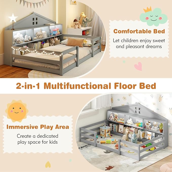 Giantex Twin Size Montessori Floor Bed with LED Lights, 2-in-1 Wooden House Bed Frame with Safety Guardrails, Storage Compartments & Shelf, No Box Spring Needed, Without Slats, Gray