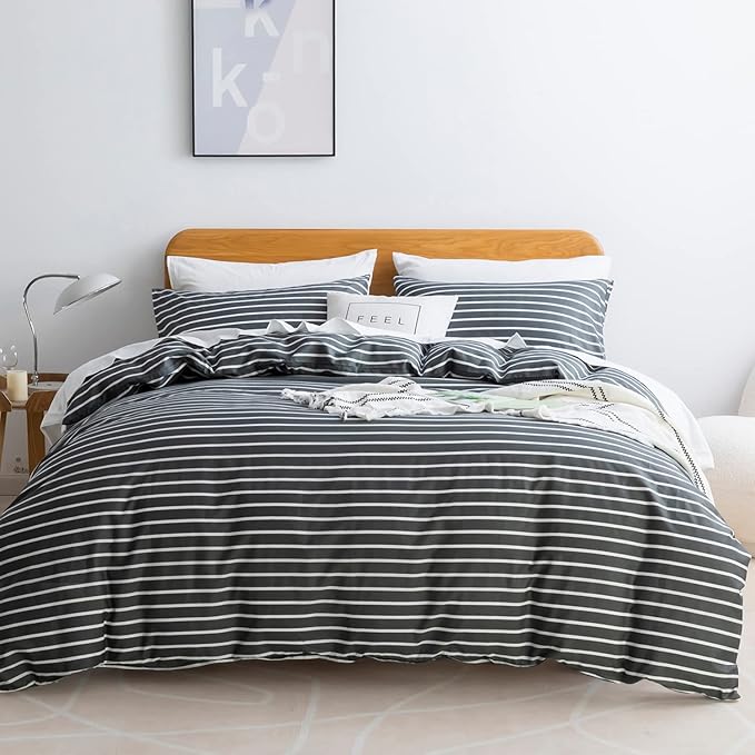 JELLYMONI 100% Natural Cotton 2pcs Striped Duvet Cover Sets, Dark Grey Duvet Cover with White Stripes Pattern Printed Comforter Cover, with Zipper Closure & Corner Ties(Twin Size)