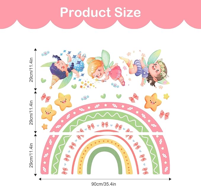 Tanlaby Large Rainbow Fairy Wall Stickers Elf Stars Wall Decals Peel and Stick Wall Art Sticker for Girls Bedroom Baby Nursery Kids Playroom Daycare Classroom Decor