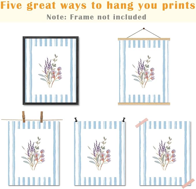 JINYO Boho Vintage Floral Wall Art Prints Set of 4, Floral Room Decor, Blue and White Striped Rustic Wildflower Posters Pictures Wall Decor for Home Bedroom Living Room, 8x10 Unframed