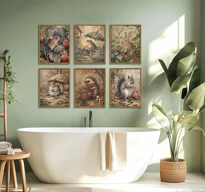 6 Pcs Woodland Animal Nursery Canvas Wall Art Vintage Forest Animal Nursery Paintings Posters Rustic Cottagecore Bunny Pictures for Gallery Kids Room Girls Boys Home Decoration (8x10inch Unframed)