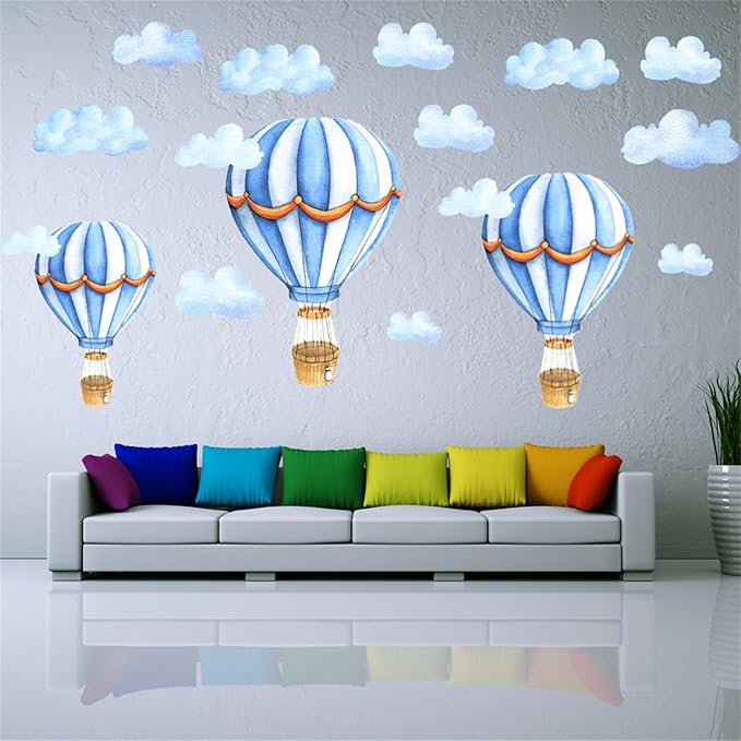 Large Hot Air Balloon Peel and Stick Removable Wall Decals - Blue Clouds Vinyl Stickers, Self-Adhesive Kids Room Art Murals Decor for Baby Nursery, Bedroom, Playroom Decoration