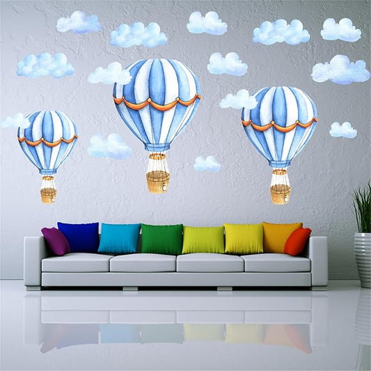 Large Hot Air Balloon Peel and Stick Removable Wall Decals - Blue Clouds Vinyl Stickers, Self-Adhesive Kids Room Art Murals Decor for Baby Nursery, Bedroom, Playroom Decoration