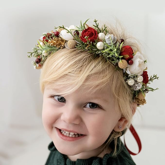 Christmas Flower Crown for Girls Winter Floral Crown Holiday Decoration Headband Xmas Wedding Headpiece Wreath Red Green Golden Gifts for GrandkidsGarland