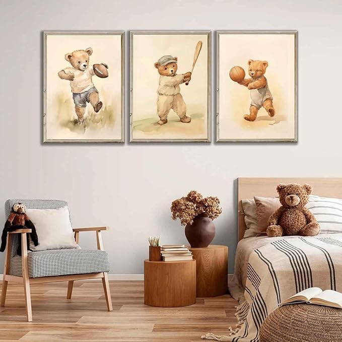 3Pcs Teddy Bear Sports Nursery Animal Canvas Wall Art Cute Woodland Baby Bear Rugby Wall Decor Pictures Football Basketball Baseball Kids Room Posters Prints for Children Bedroom Decoration No Frames