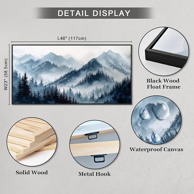 Large Framed Blue Gray Misty Forest Wall Art for Living Room, Watercolor Landscape Nature Canvas Print Paintings Artwork for Walls, Modern Foggy Mountains & Pine Forest Pictures for Home Decor 23"x46"