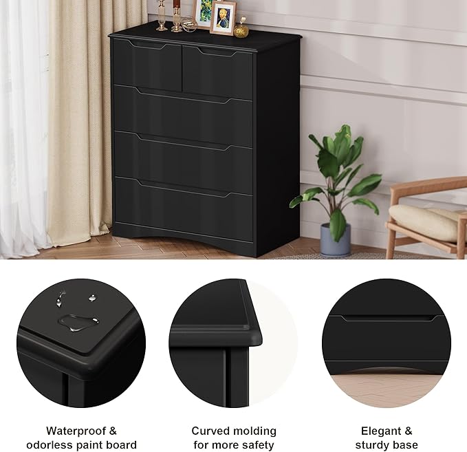 Gizoon 5 Drawers Chest, Black Dresser for Bedroom with Large Storage Capacity, Chest of Drawers with Embedded Handle, Sturdy Anti-Tripping Device for Hallway, Office, Living Room