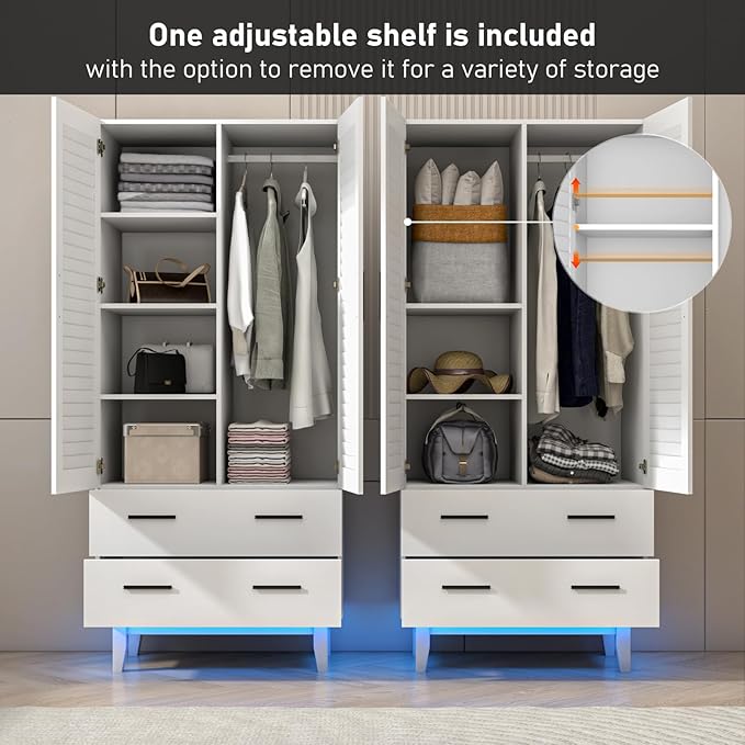 2 Door Armoire Wardrobe Closet Cabinet with Mirror, Drawers and LED Lights, Multi-Tier Shelves, Hanging Rod & 2 Louver Doors, Large Capacity Storage Wardrobe Armoire for Bedroom, White