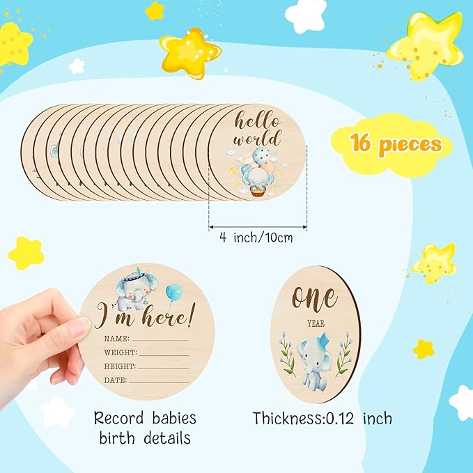 16 Pieces Wooden Baby Monthly Milestone Cards Baby Monthly Milestone Marker Discs Double Sided Monthly Milestone Wooden Circles Baby Months Signs for Baby Shower Newborn Photo Props(Blue Elephant)