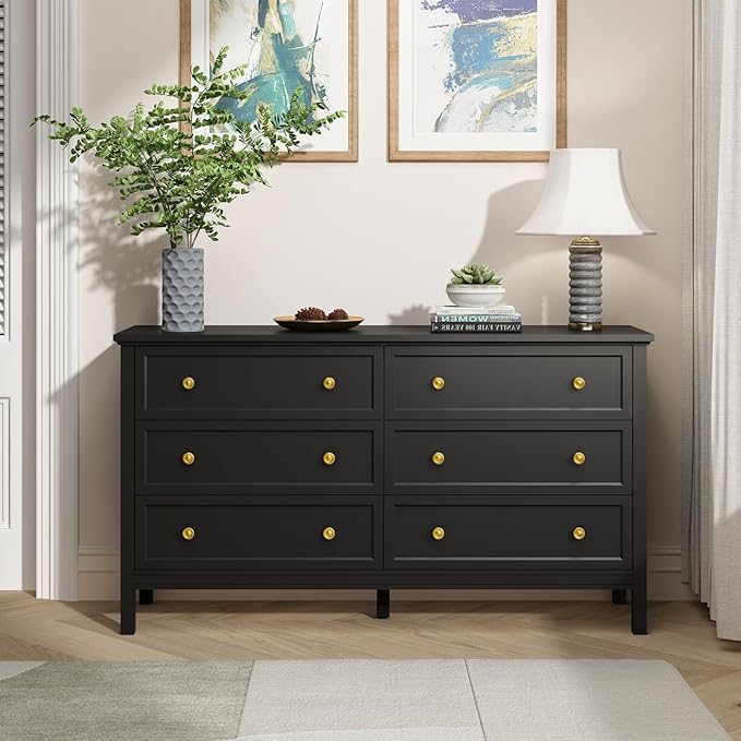 CARPETNAL Black Dresser for Bedroom, 6 Drawer Dresser with Wide Drawer and Metal Handles, 55" Black and Gold Wood Dressers & Chests of Drawers for Hallway, Entryway.