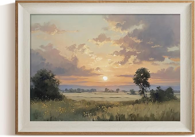ARPEOTCY Framed Canvas Wall Art, 12x16 Inch Sunset Landscape Oil Painting Print, Rustic Countryside Wall Decor for Bedroom, Living Room, or Entryway, Vintage Horizontal Nature Artwork